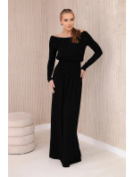 Viskózové šaty s dlhým pásom čierne