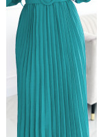 VIVIANA - Dámske plisované midi šaty v morskej farbe s výstrihom, dlhými rukávmi a širokým opaskom 504-6