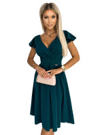 MATILDE - Dámske šaty vo fľaškovo zelenej farbe s výstrihom a krátkymi rukávmi 425-1